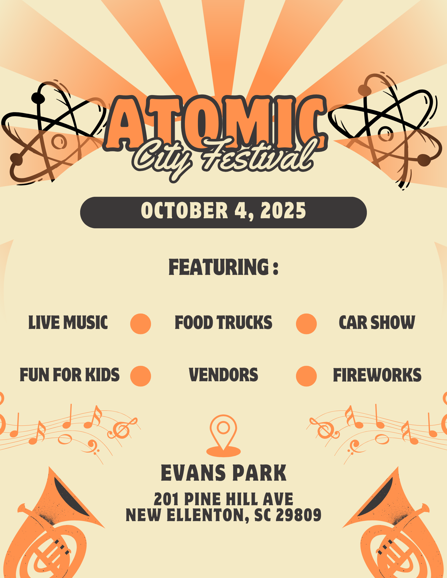 Atomic City Festival Flyer October 4, 2025 at Evan's Park 201 Pine Hill Ave New Ellenton SC 29809