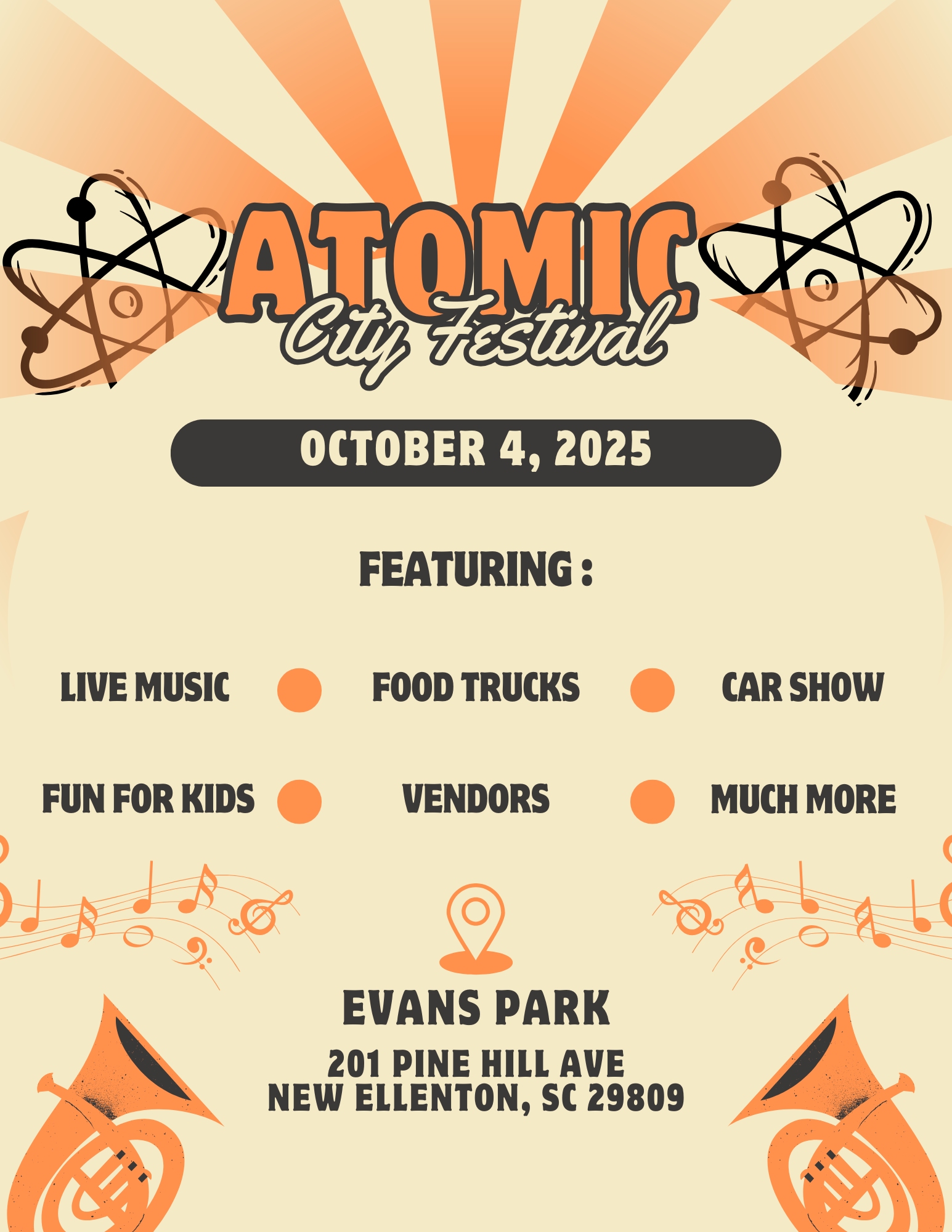 Flyer for Atomic City Festival 2025 at Evans Park on October 4, 2025