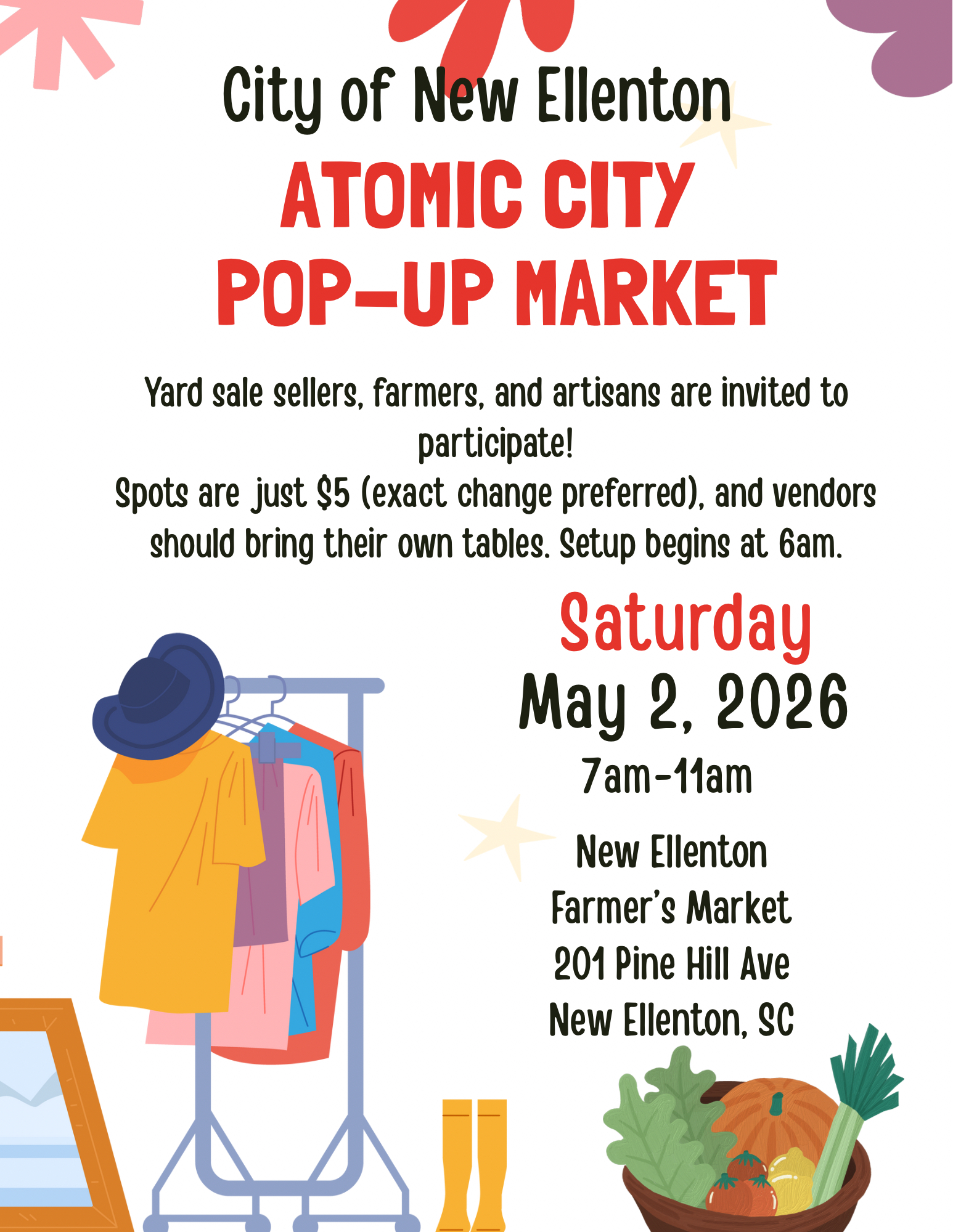 pop market flyer with set up time at 6 am