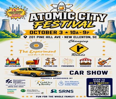 Flyer for Atomic City Festival with info for car show, food, vendors, Oct 3 form 10 am til fireworks after dark